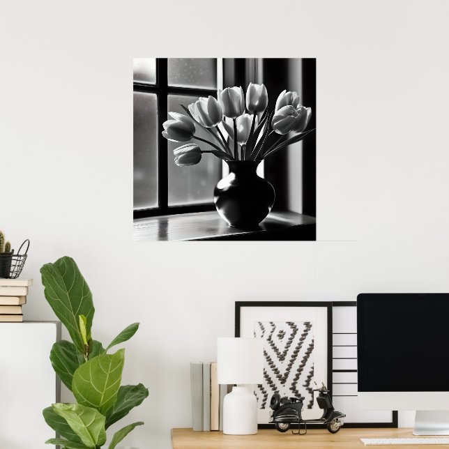 "Monochrome Elegance: Black White Tulip still Life Poster (Hemmakontoret)