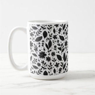 Monochrome Floral Pattern With Leaves And Flowers Kaffemugg