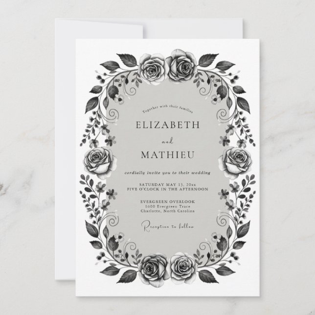 Monochrome Floral Romantic Wedding Inbjudningar (Framsida)