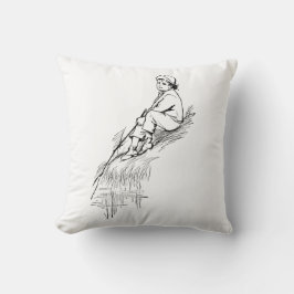 Monochrome Little Boy Vintage Fishing Childown Kudde