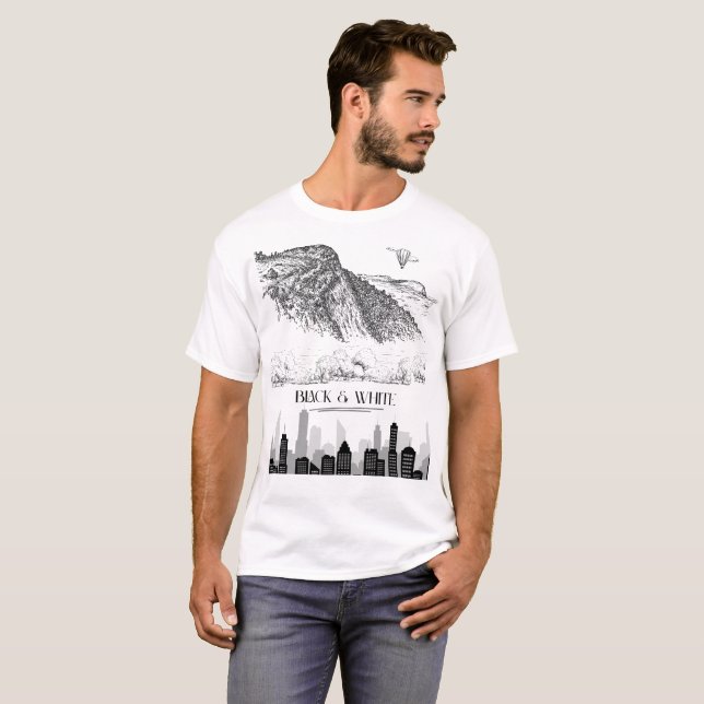 Monochrome Mountain City Skyline Art Black White T Shirt (Hel framsida)