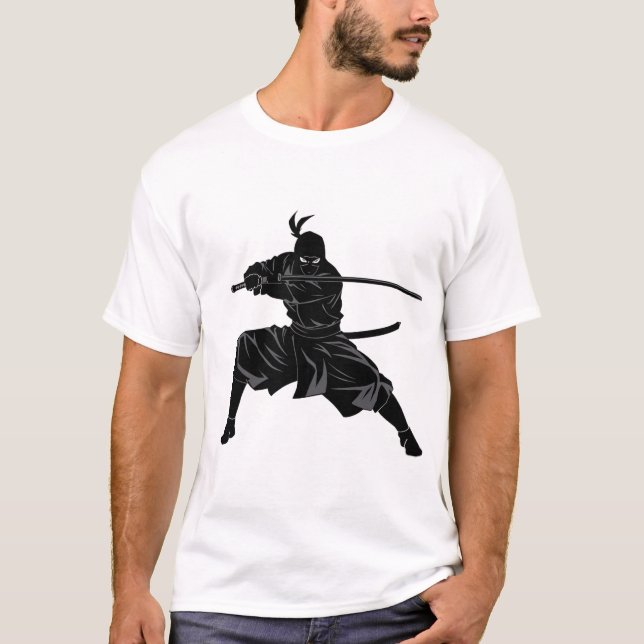Monochrome Ninja Samurai Silhouette  T Shirt (Framsida)