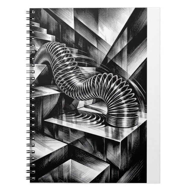 Monochrome Slinky Tumbling Down Chrome Steps Anteckningsbok (Framsidan)