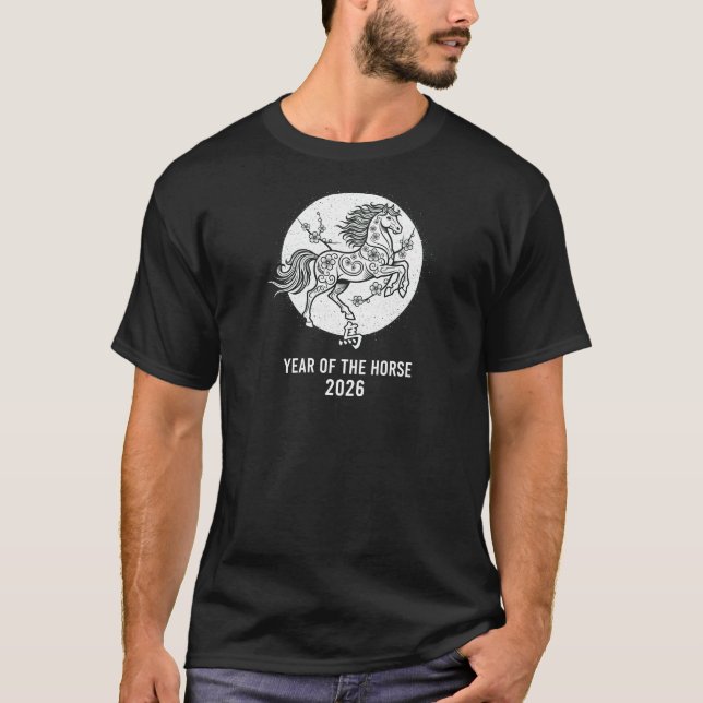 Monochrome Year of the Horse 2026 Line Art T Shirt (Framsida)