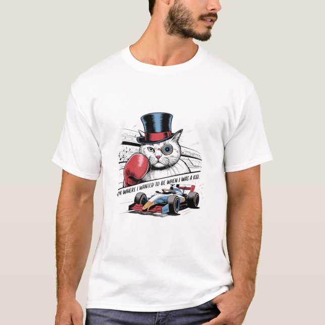 Monocle Cat with Boxing Glove & F1 Race Car Funny  T Shirt (Framsida)