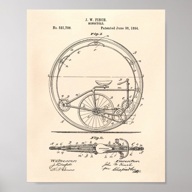 Monocycle 1894 Patent Art Old Peper Poster (Framsidan)