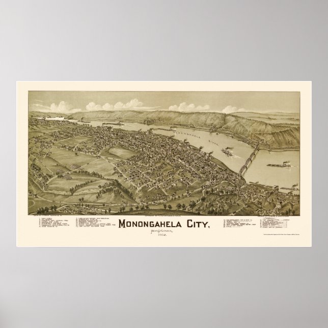 Monogahela City, PA Panoramic Karta - 1902 Poster (Framsidan)