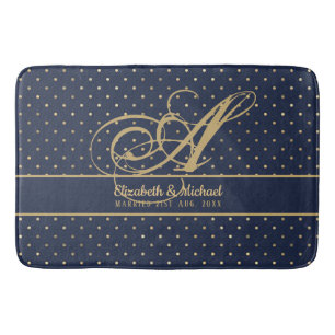 Monogamt Navyblått Guldprickigt Nygifta Bröllop Badrumsmatta