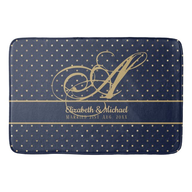 Monogamt Navyblått Guldprickigt Nygifta Bröllop Badrumsmatta (Framsidan)