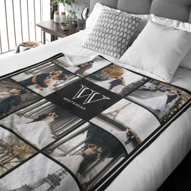 Monogram 11 kvadratkvadratfoto Gräns Black Fleecefilt (This modern monogrammed blanket features 11 photos photo collage and a spot Monogram and name)