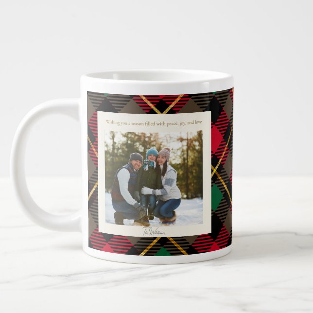 Monogram 2 Foto Rustik Grön Röd Rutig Jul Jumbo Mugg (Vänster)