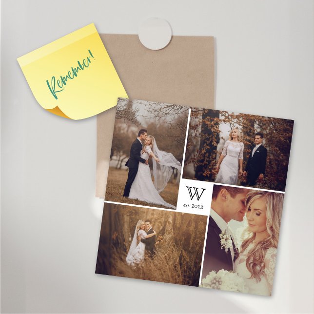 Monogram 4-fotokollage Magnetiskt kort i kvadrat (Middle Square Monogram 4 Photo Collage Magnetic Card @ fat_fa_tin)