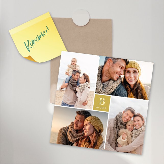 Monogram 4-fotokollage Magnetiskt kort i kvadrat (Middle Square Monogram 4 Photo Collage Magnetic Card @ fat_fa_tin)