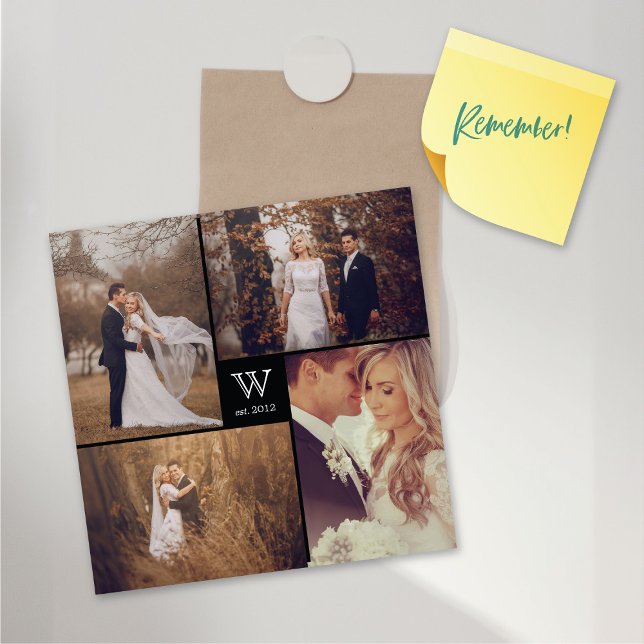 Monogram 4-fotokollage Magnetiskt kort i kvadrat (Square Monogram 4 Photo Collage Magnetic Card @ fat_fa_tin)