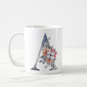 Monogram A Blå Blommig Akvarell Kaffe Mugg