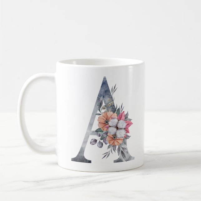 Monogram A Blå Blommig Akvarell Kaffe Mugg (Vänster)