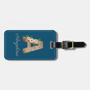 Monogram A blå träliterals blomma Bagageetikett Bagagebricka