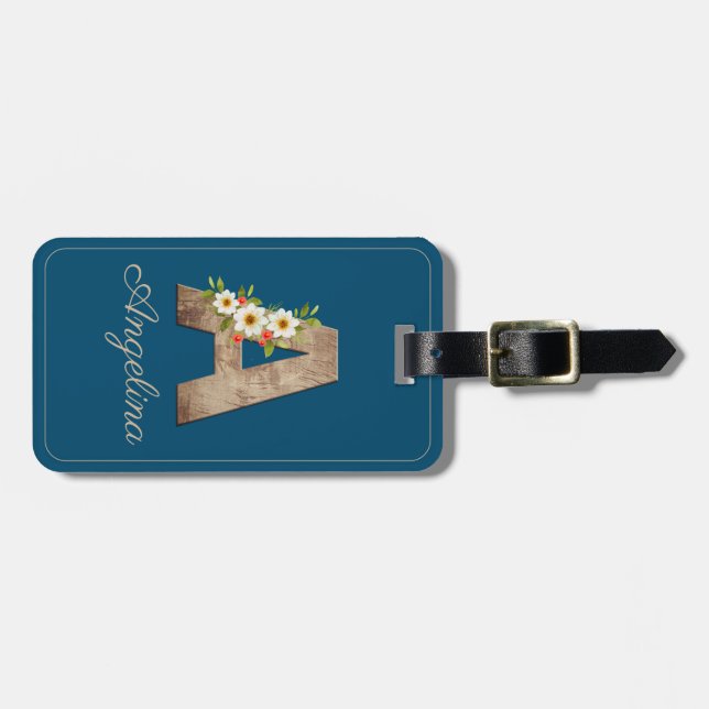 Monogram A  blå träliterals blomma Bagageetikett Bagagebricka (Horisontell Framsida)
