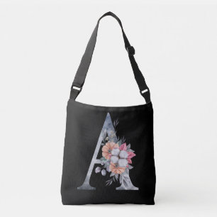 Monogram A Blommig Blå Rosa Persika Svart Axelväska