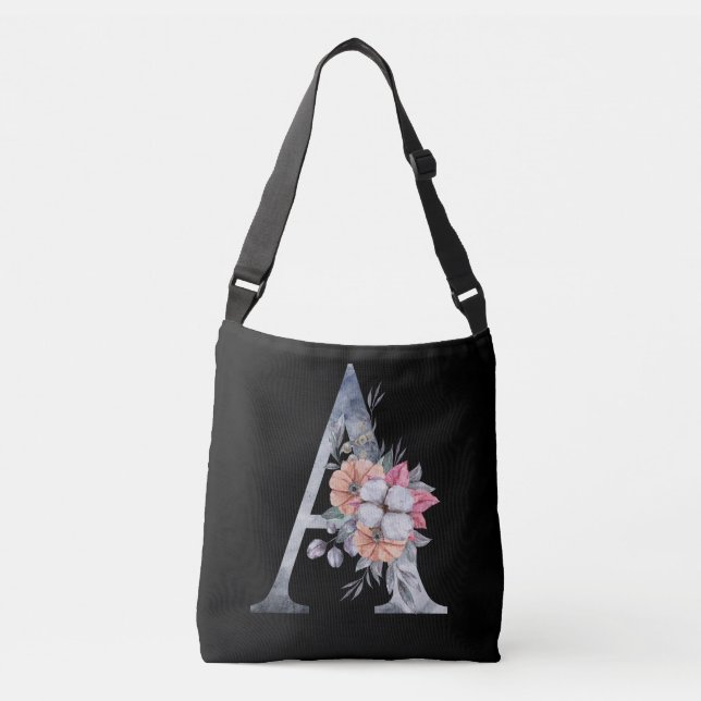 Monogram A Blommig Blå Rosa Persika Svart Axelväska (Framsida)