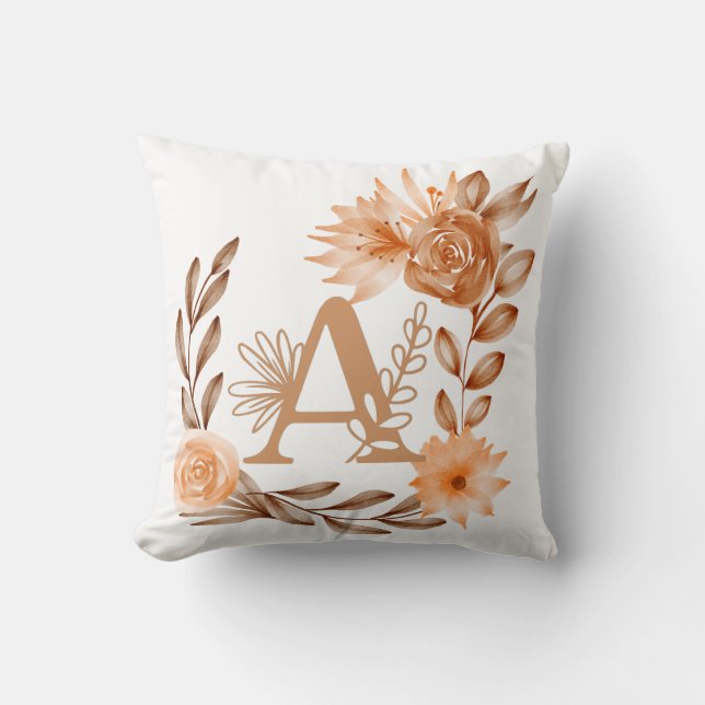 Monogram A, Blommiga höstfärger, Brunor Persikor Kudde (Framsida)