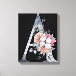 Monogram A Blommor Blått Canvastryck