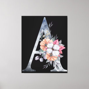 Monogram A Blommor Blått Canvastryck