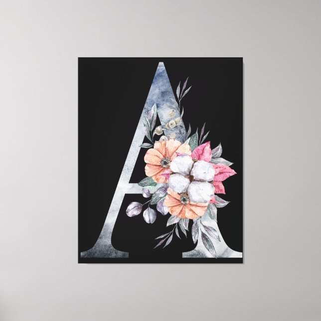 Monogram A Blommor Blått Canvastryck (Framsida)