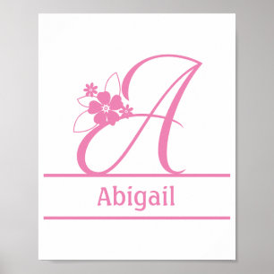 Monogram A, Bokstav A, Initial A, Blommig Rosa Vit Poster