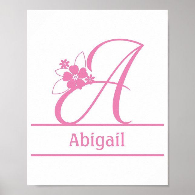 Monogram A, Bokstav A, Initial A, Blommig Rosa Vit Poster (Framsidan)