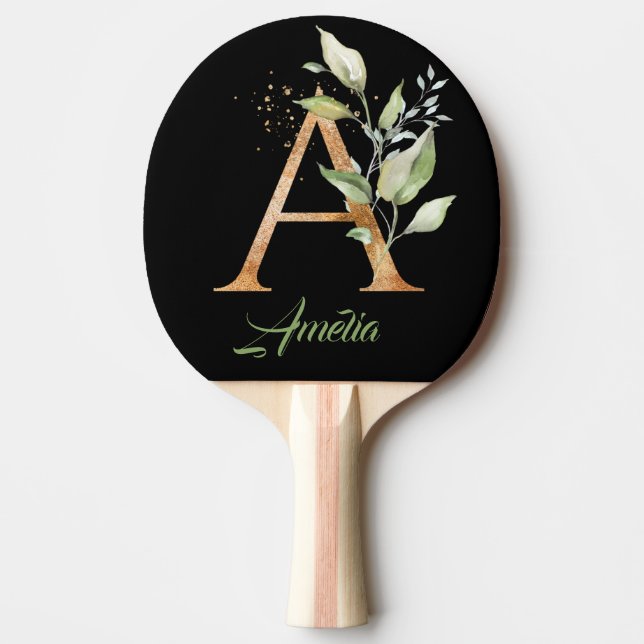 Monogram A grönt eucalyptus faux guld foil Pingisracket (Framsidan)