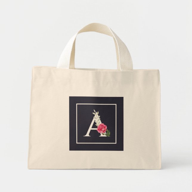 Monogram A i vit rosa ros och blad mörkgrå Mini Tygkasse (Framsidan)