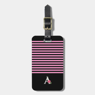 Monogram A i vit rosa ros och blad ränder Bagagebricka