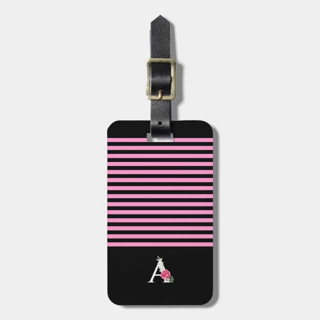 Monogram A i vit rosa ros och blad ränder Bagagebricka (Vertikal Framsida)