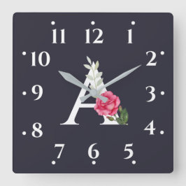 Monogram A i Vita Rosa ros och Löv Grått Fyrkantig Klocka