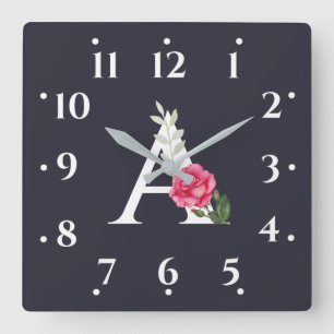 Monogram A i Vita Rosa ros och Löv Grått Fyrkantig Klocka