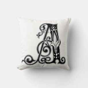 Monogram A initial Black and White-Blommönster Kudde