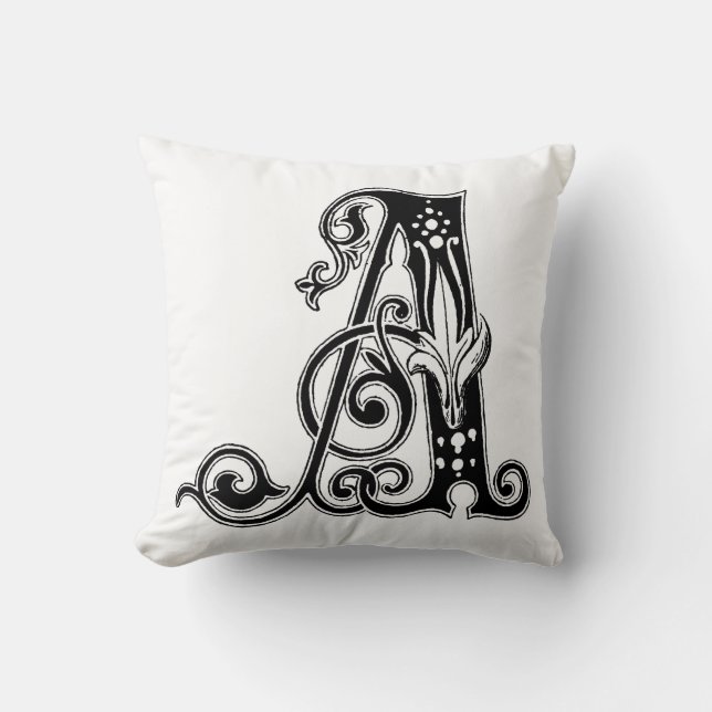 Monogram A initial Black and White-Blommönster Kudde (Framsida)