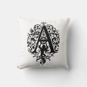 Monogram A initial Black and White-Blommönster Kudde