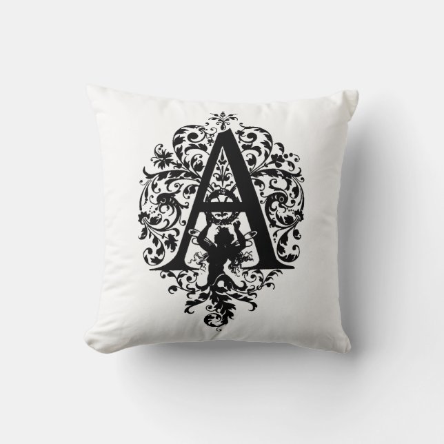 Monogram A initial Black and White-Blommönster Kudde (Framsida)