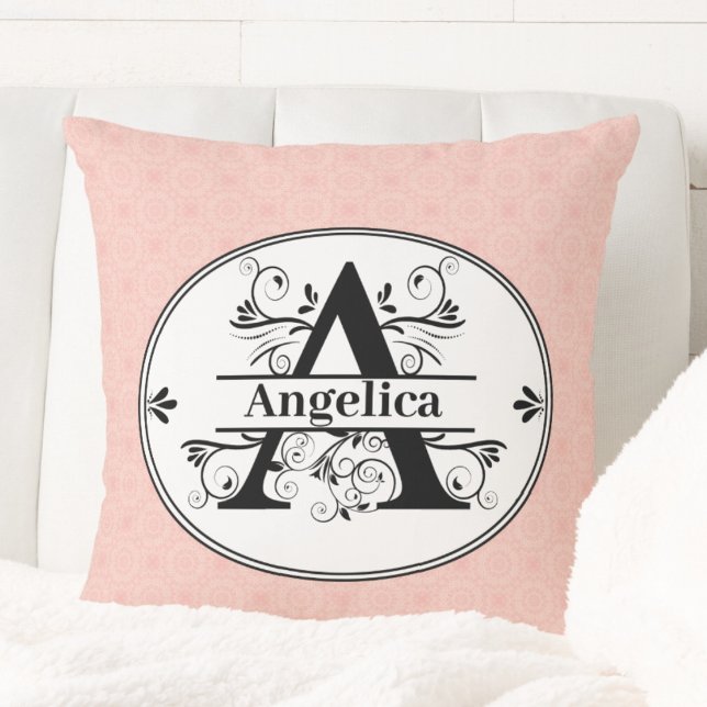 Monogram A med liten rosa mönster-bakgrund Kudde (Monogram A with small pink pattern background Throw Pillow)
