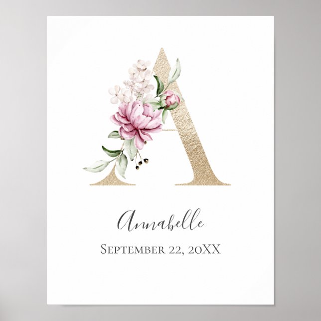 Monogram A Rosa Vit Blommig Guld Bokstavs Nursery  Poster (Framsidan)