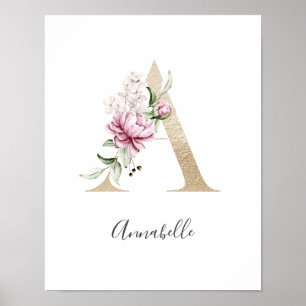 Monogram A Rosa Vit Blommig Guld Bokstavs Nursery Poster