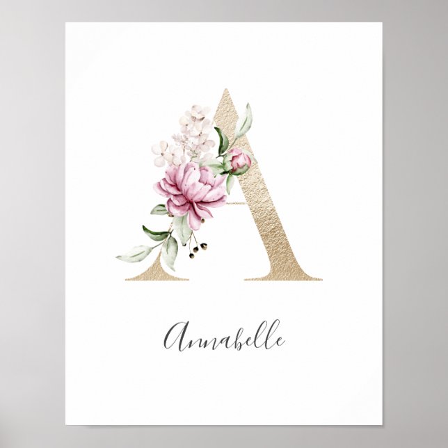 Monogram A Rosa Vit Blommig Guld Bokstavs Nursery  Poster (Framsidan)