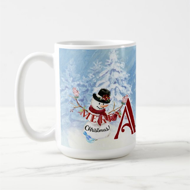 Monogram A Snowy God jul Snögubbe Träd Kaffemugg (Vänster)