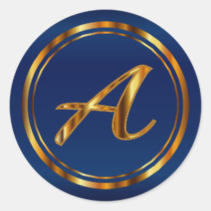 Monogram A-Z - Metallisk Guld på marinblått Runt Klistermärke