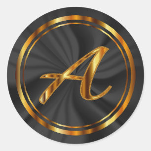 Monogram A-Z - Metallisk Guld på svart satin Runt Klistermärke