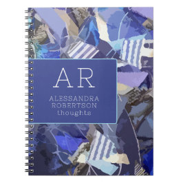 Monogram abstrakt blue marin lila white rand anteckningsbok