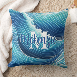 Monogram Abstrakt Blue Ocean Wave Kudde