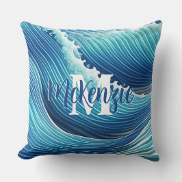 Monogram Abstrakt Blue Ocean Wave Kudde
